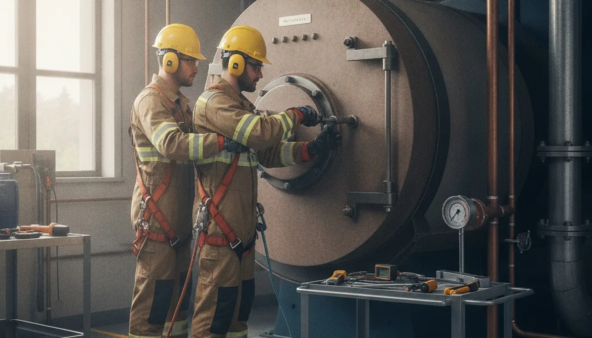 Atlanta, GA plumber repairing boiler system for home heating service during emergency callouts