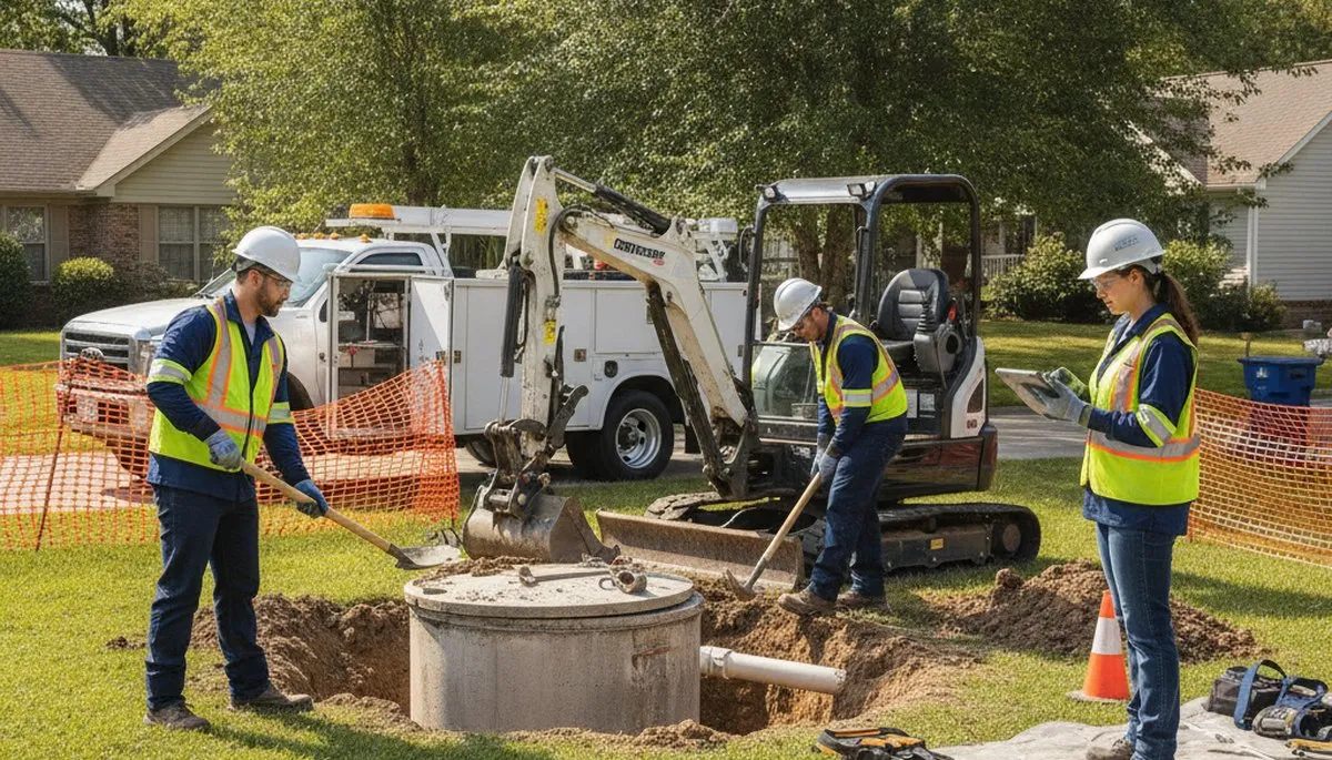 Atlanta, GA septic repair technician inspecting a home system for emergency plumbing service