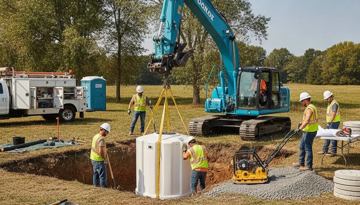 Atlanta plumbers installing a septic tank for a home with professional site setup and permitting support