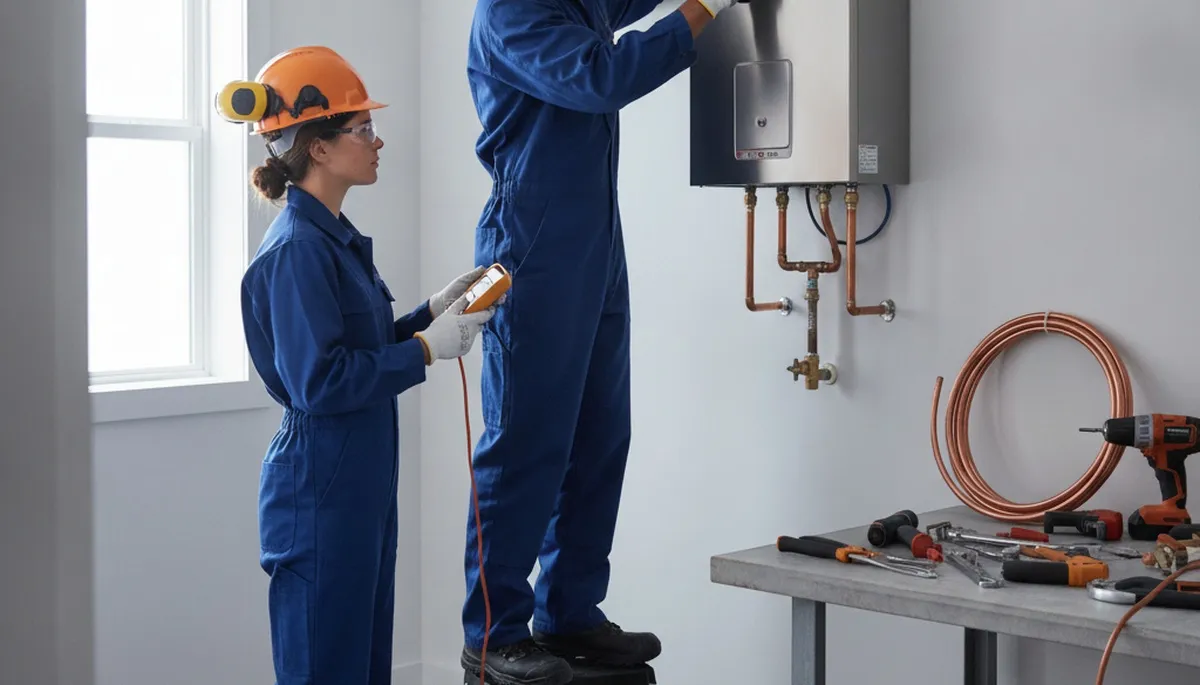 Atlanta, GA plumber installing tankless water heater for emergency repair service