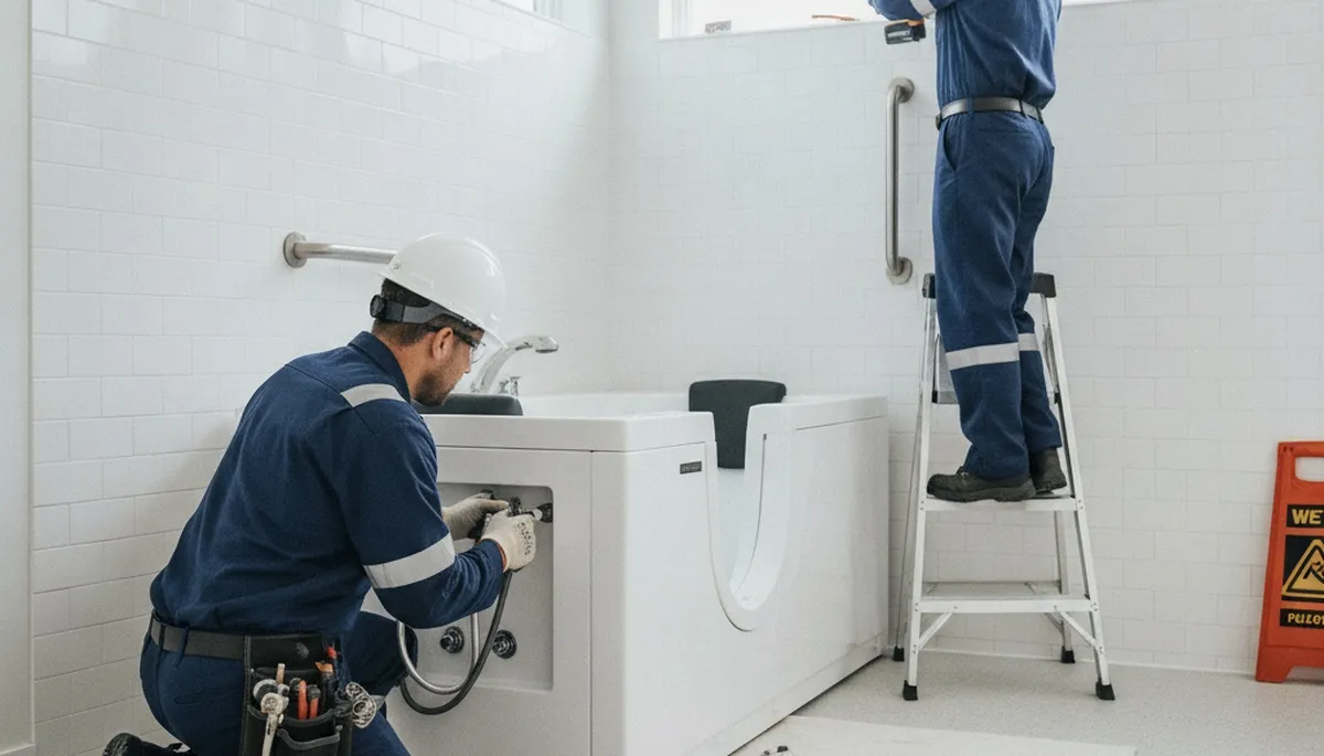 Atlanta plumber installing a walk-in tub for bathroom safety in a home